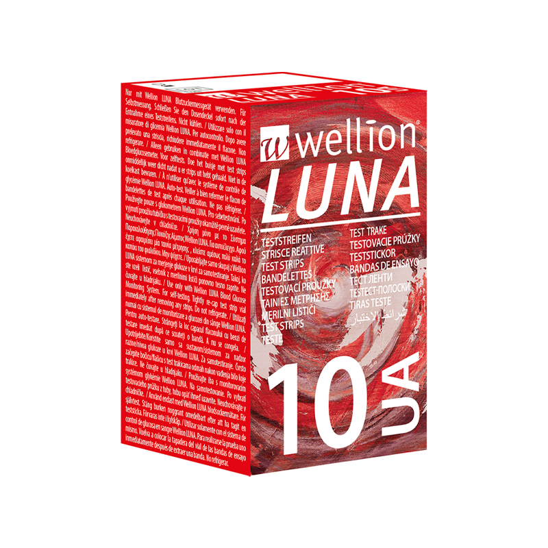 Wellion LUNA Harnsäure Teststreifen. High Tech Produkt. Besteht aus verschiedenen Schichten. AUTO CODING Tgie. Handliche Größe. Sip-in-Technologie verhindert eine Kontamination mit Blut. Für das Wellion LUNA Trio Blutzuckermessgerät. 10 Stück. Foto